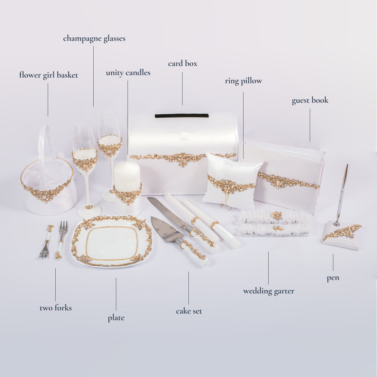 Weiß-goldenes Paradise Hochzeitsset, 17-teilig