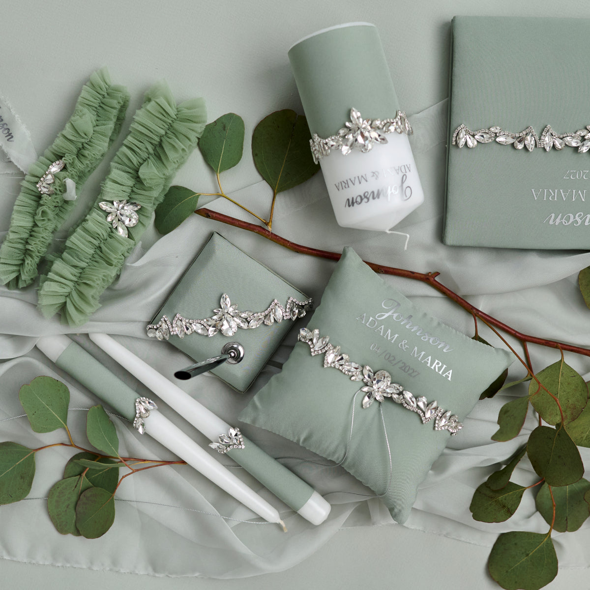 Brautstrumpfband 2er Set Salbeigrün Forever, Personalisiert