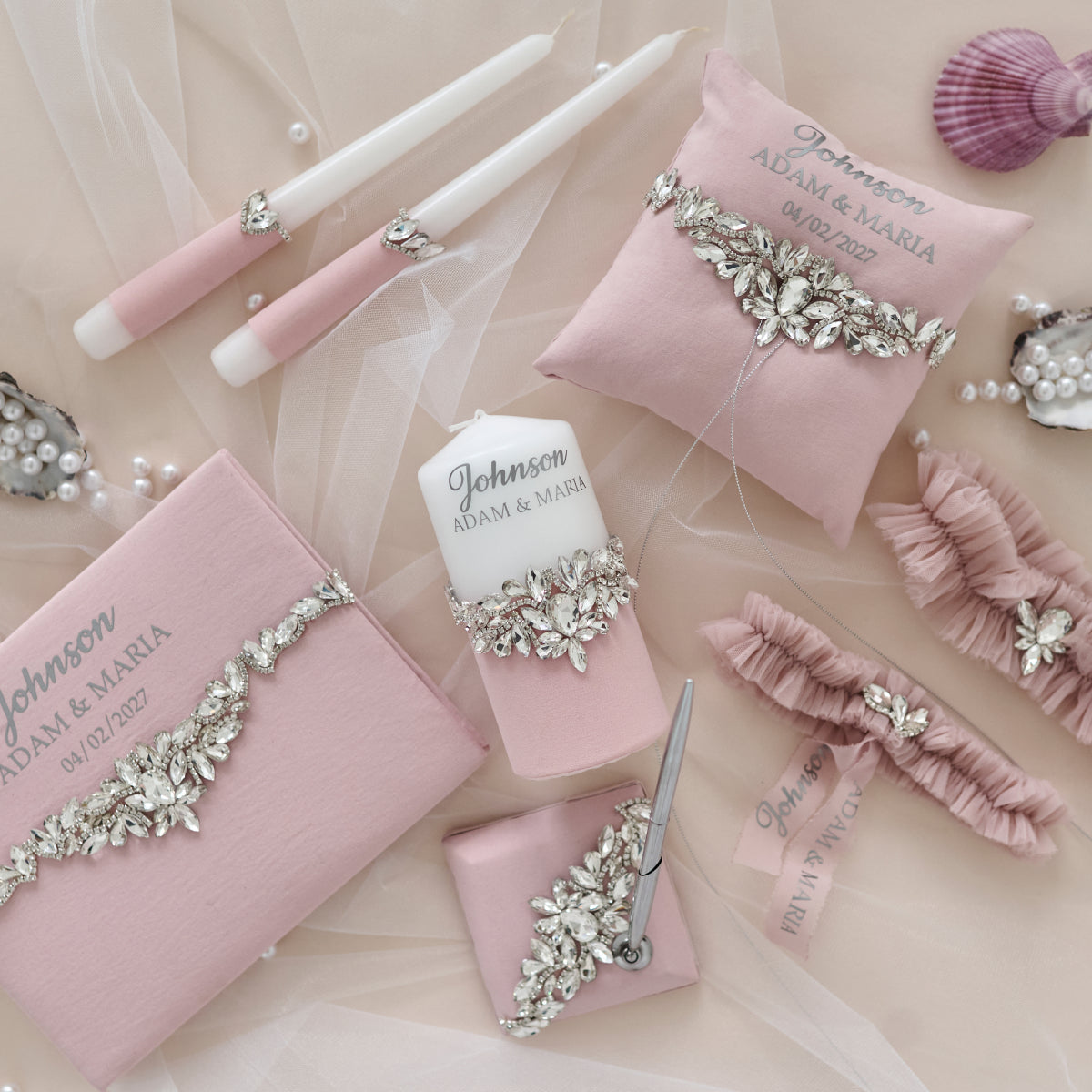Rosa Blush Happiness Hochzeitsset 17-teilig Personalisiert