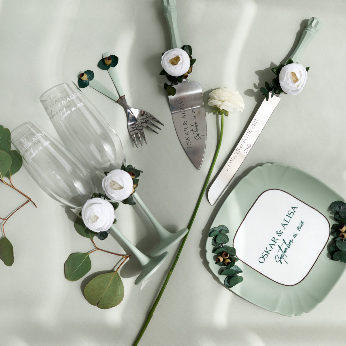 Hochzeitsteller Salbeigrün Wald Personalisiert