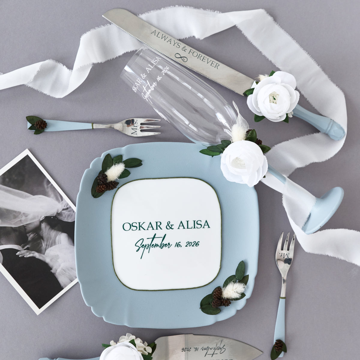 Wedding plate and forks Dusty blue Gentle