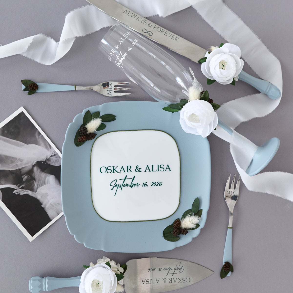 Cake cutting set Dusty blue Gentle wedding