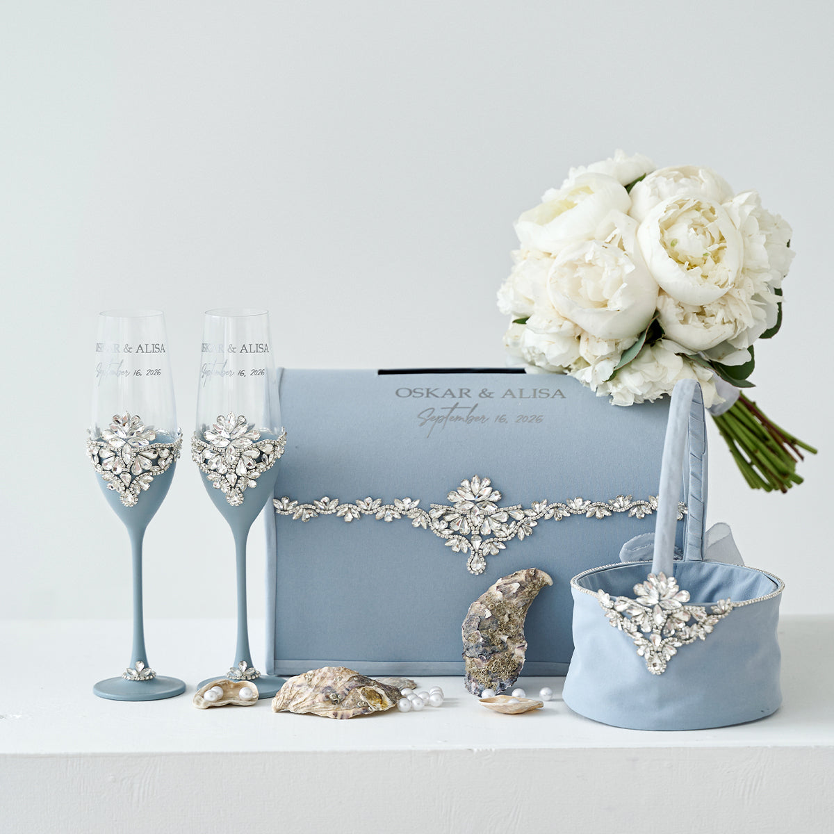 Staubblaues Infinity Hochzeitsset 17-teilig Personalisiert