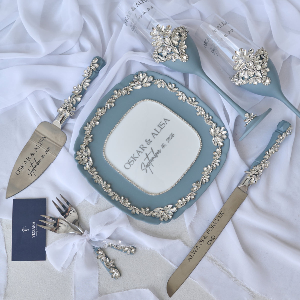 Staubblaues Infinity Hochzeitsset 17-teilig Personalisiert