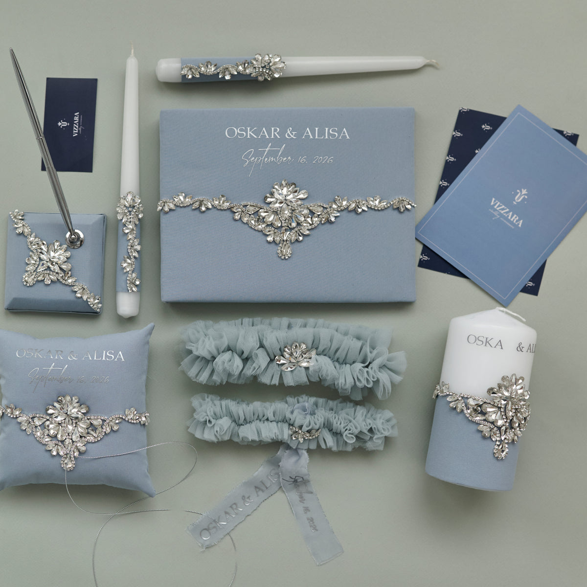 Strumpfband Set Dusty Blue Infinity Personalisiert