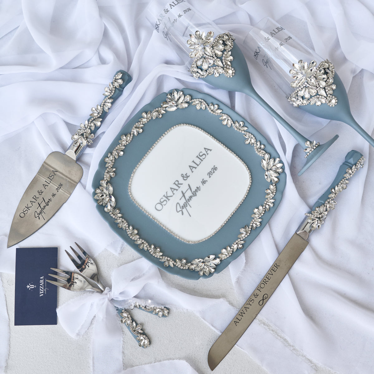 Wedding plate and forks Dusty blue Infinity