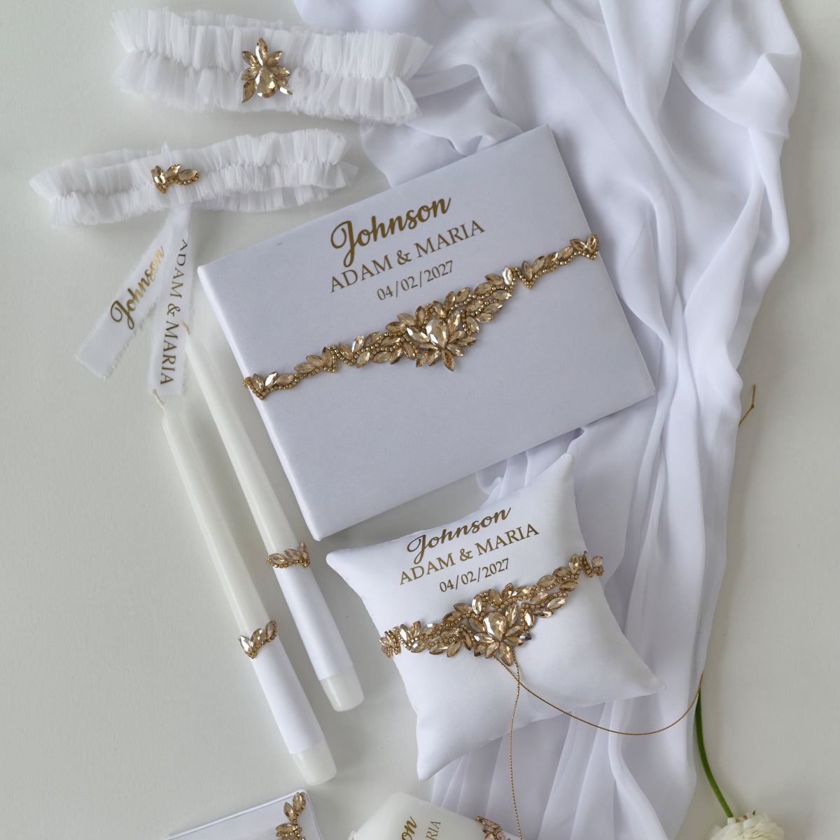 Hochzeitsstrumpfband 2er Set Weiß und Gold Paradise