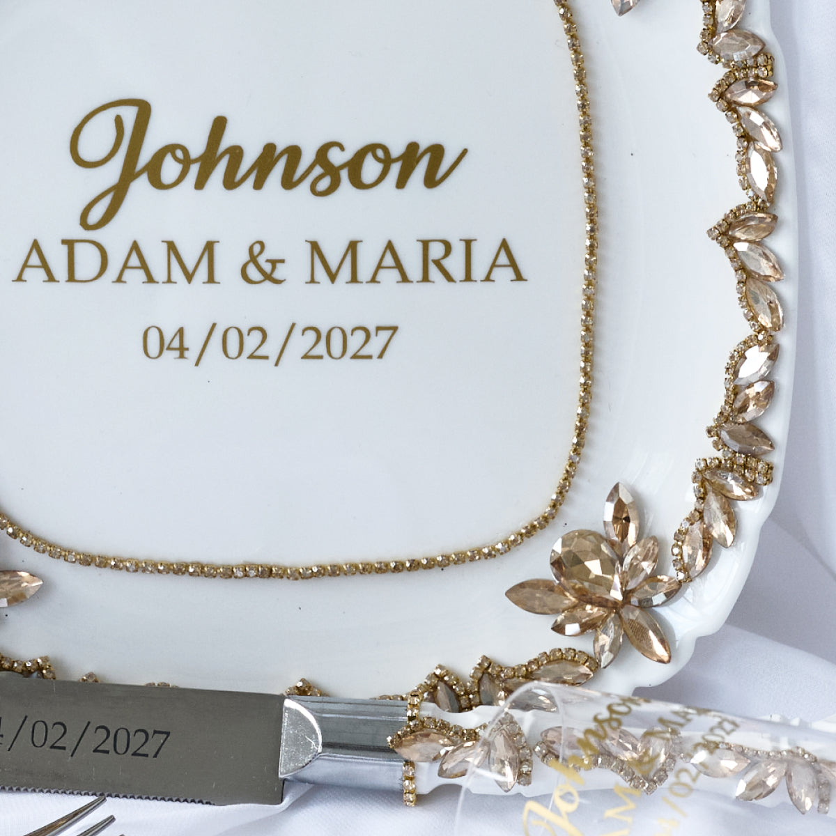 Hochzeitsteller Paradise Weiß und Gold Personalisiert