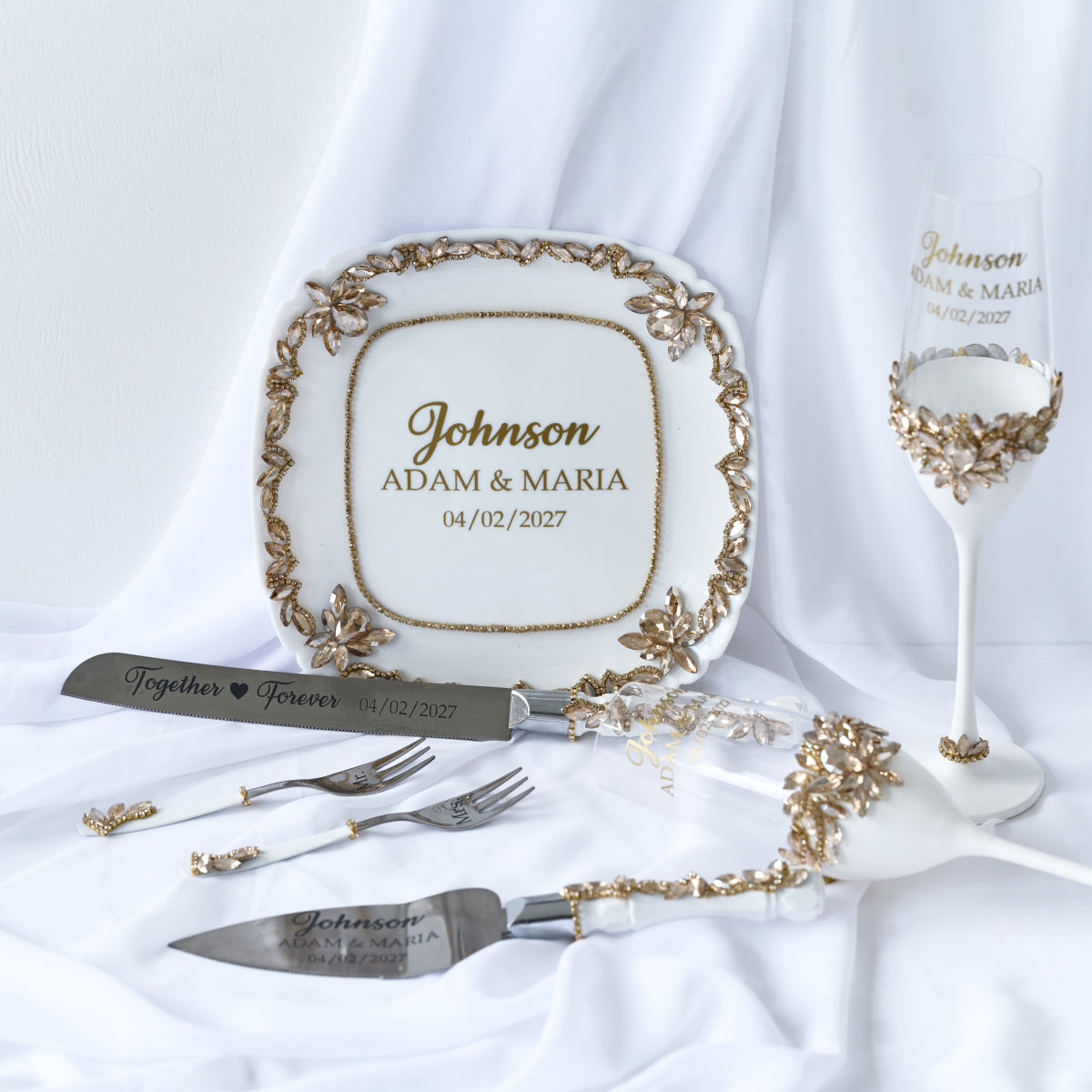 Hochzeitsteller Paradise Weiß und Gold Personalisiert