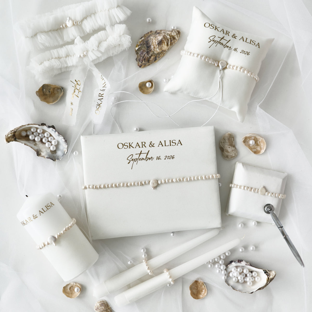Hochzeitsgästebuch und Stift White Pearl Personalisiert