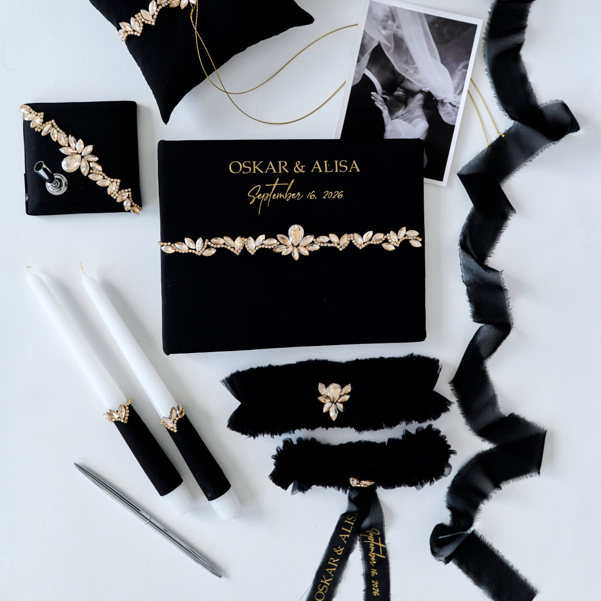 Strumpfband Set für die Hochzeit Sakrament Schwarz Personalisiert