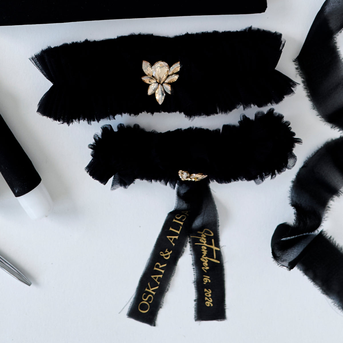 Strumpfband Set für die Hochzeit Sakrament Schwarz Personalisiert