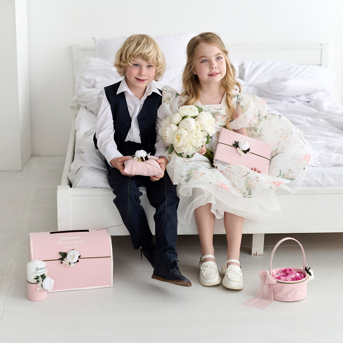 Flower girl basket Blush pink Peony wedding