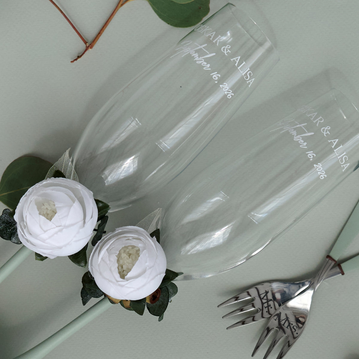 Wedding flutes Pair Sage green Forest wedding