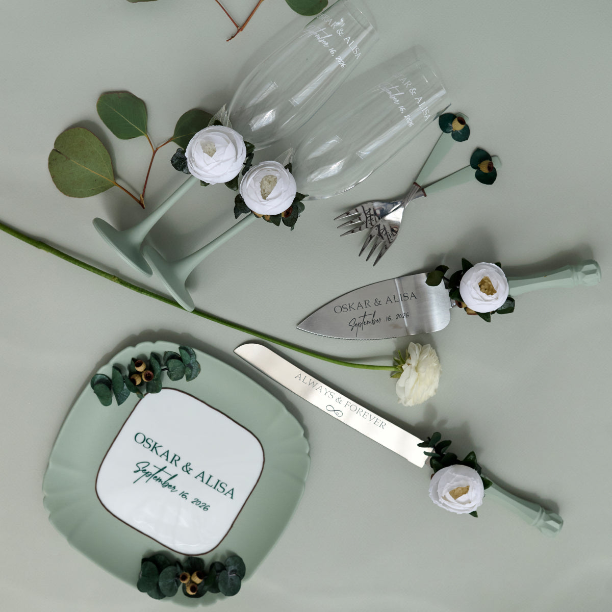 Wedding flutes Pair Sage green Forest wedding