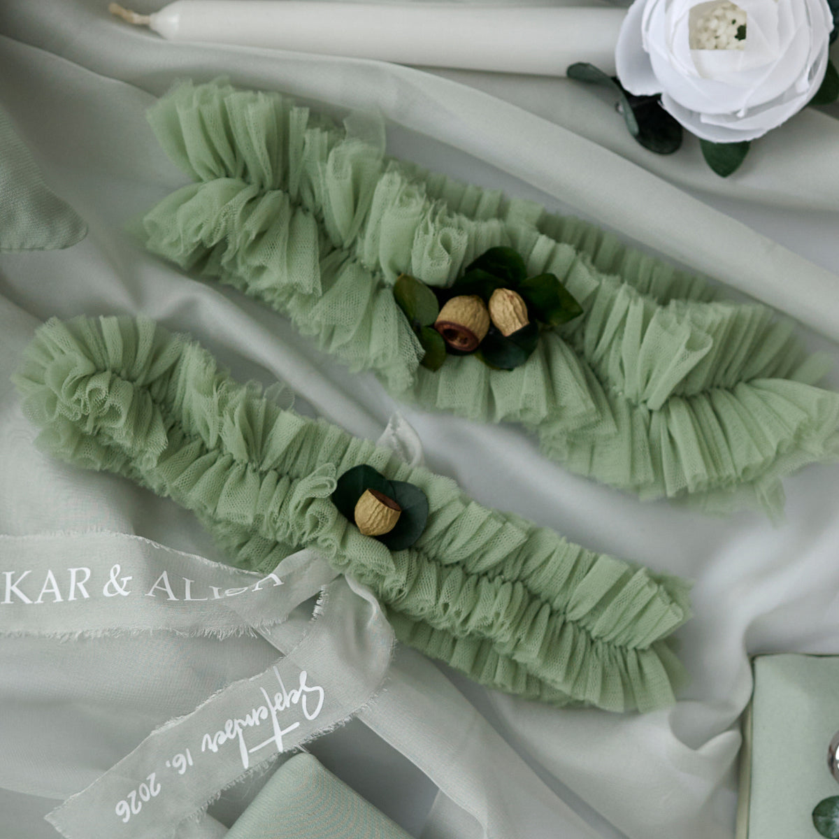 Wedding garter set Forest Sage green, Personalized