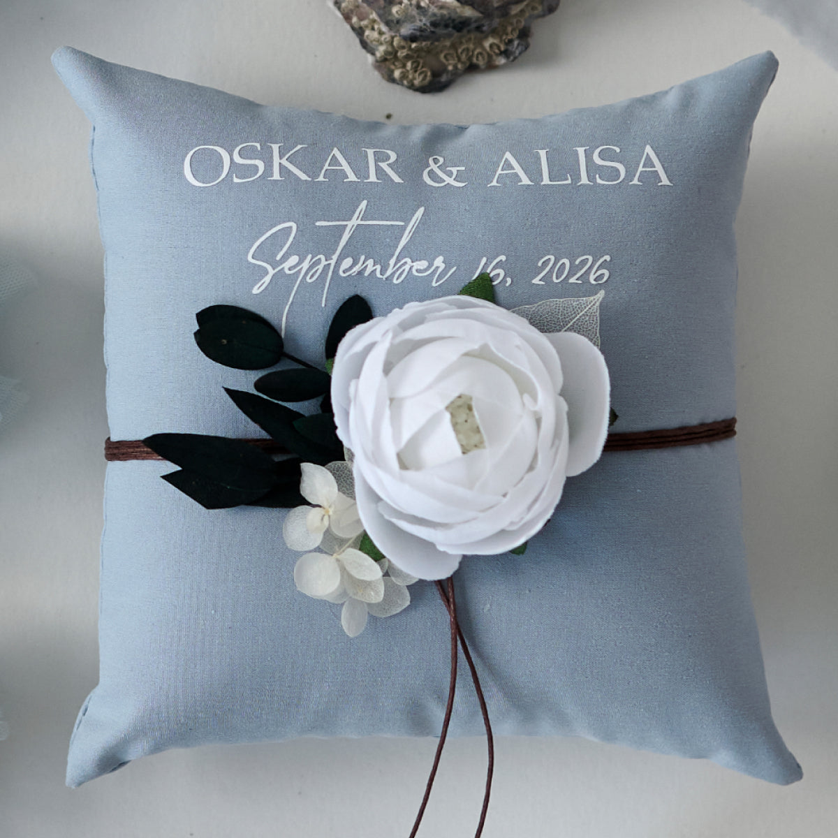 Ring pillow Gentle Blue wedding, Personalized