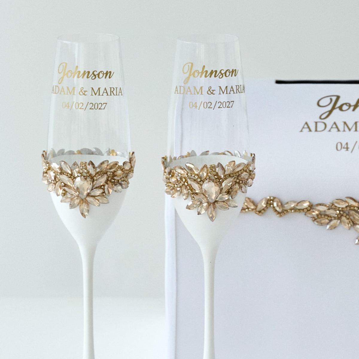 Champagne glasses Set of 2 White and gold Paradise