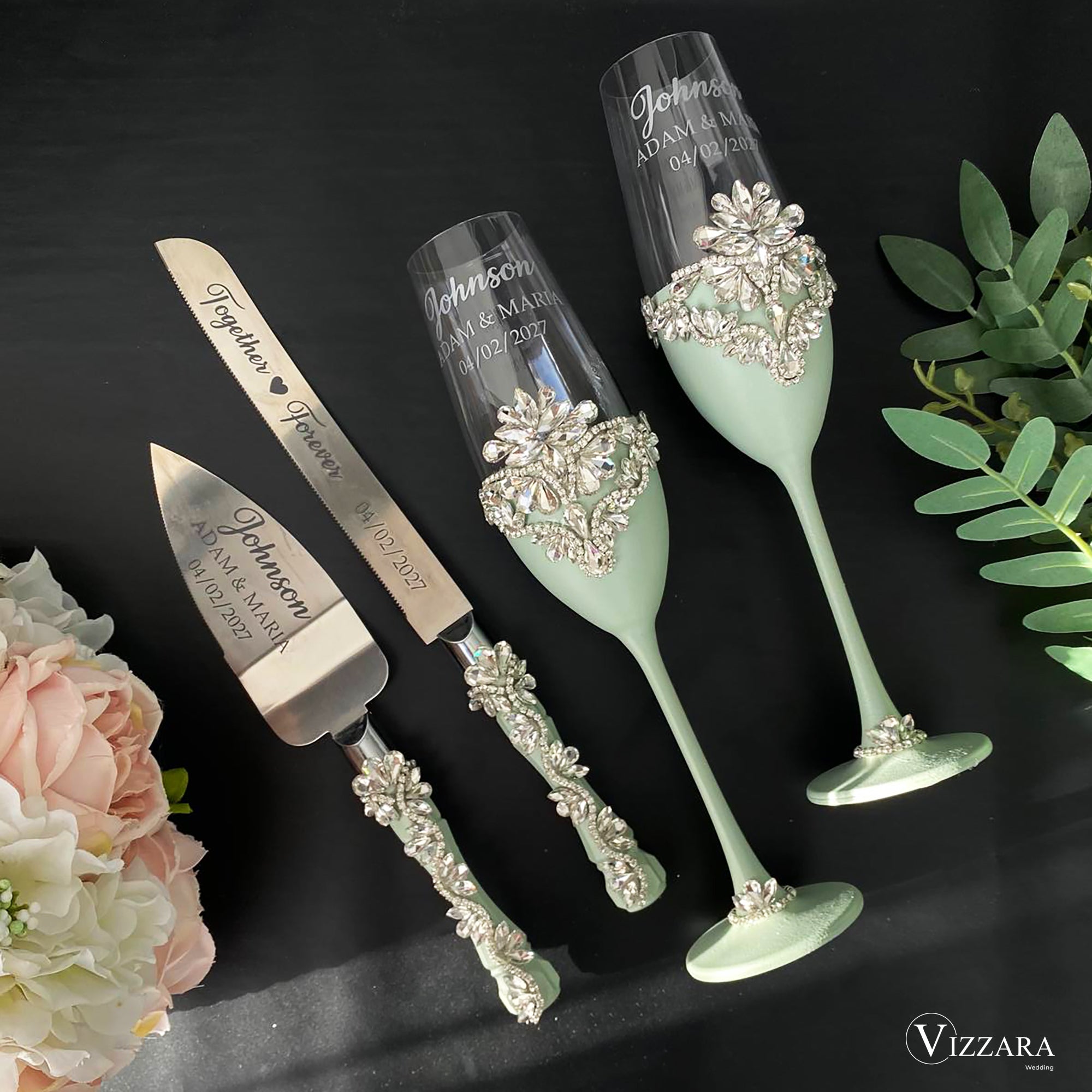 Personalized Sage Green and Gold Wedding Cake Server Set & Knife