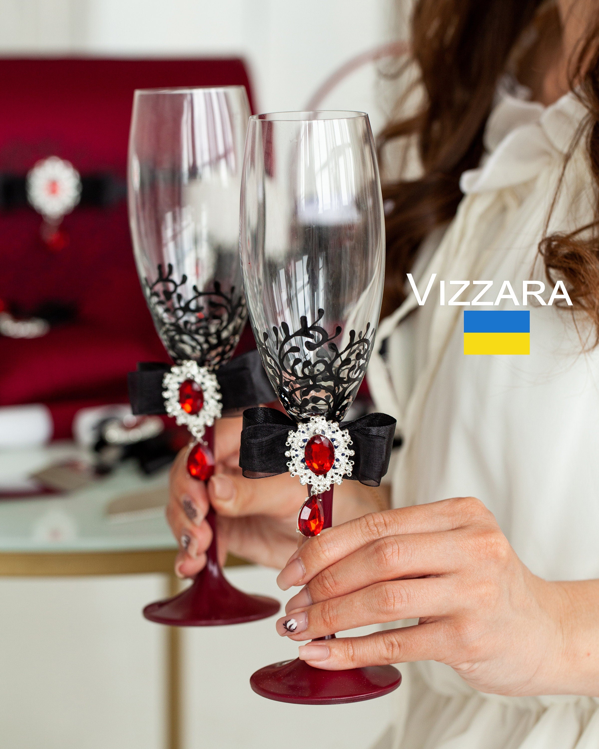 Champagne flutes weddings Set of 2 Navy blue and burgundy weddings – VIZZARA